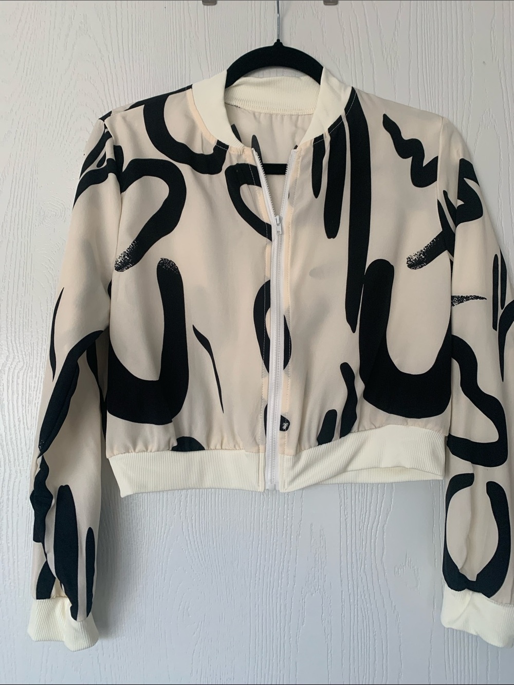 Cream Bomber Jacket with Black Abstract Brushstroke Print